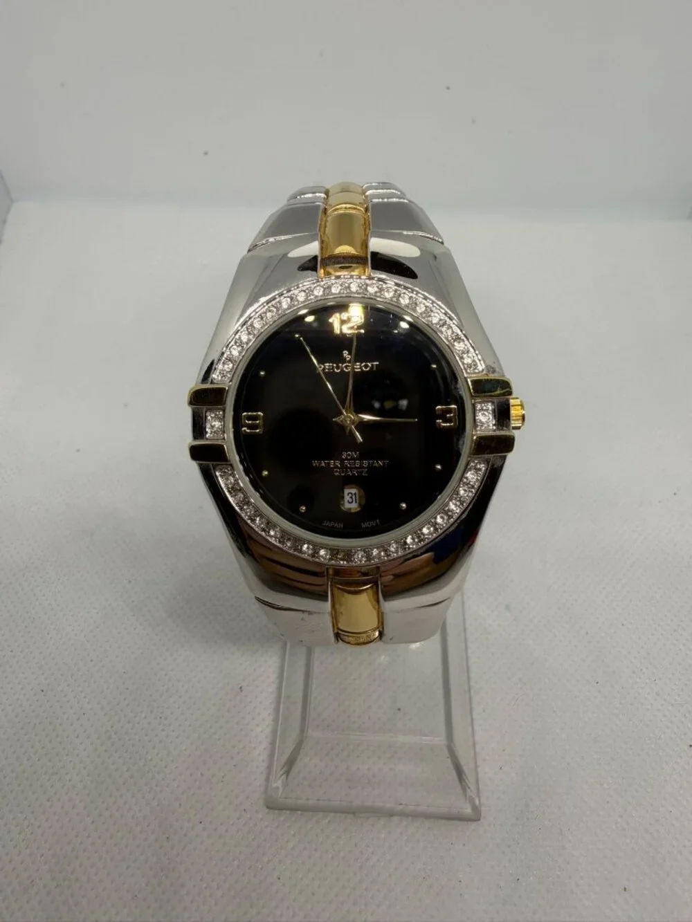 Peugeot Men's Black Dial Crystal Bezel Two-Tone Bracelet Quartz Watch 139BK